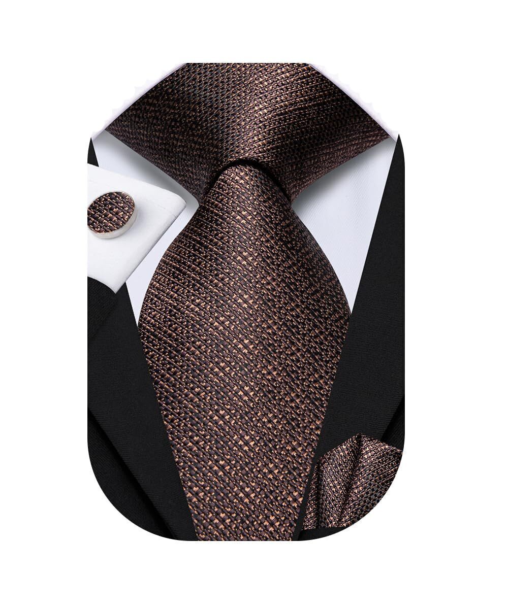 8636 Brown Paisley Striped Tie WOVEN Necktie and Handkerchief Cufflinks Set